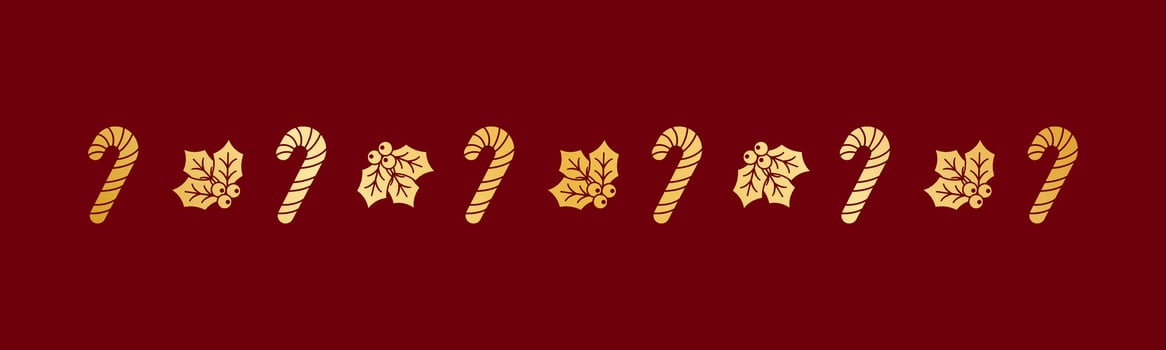 Gold Christmas themed decorative border and text divider, Mistletoe and Candy Cane Pattern Silhouette. Vector Illustration.