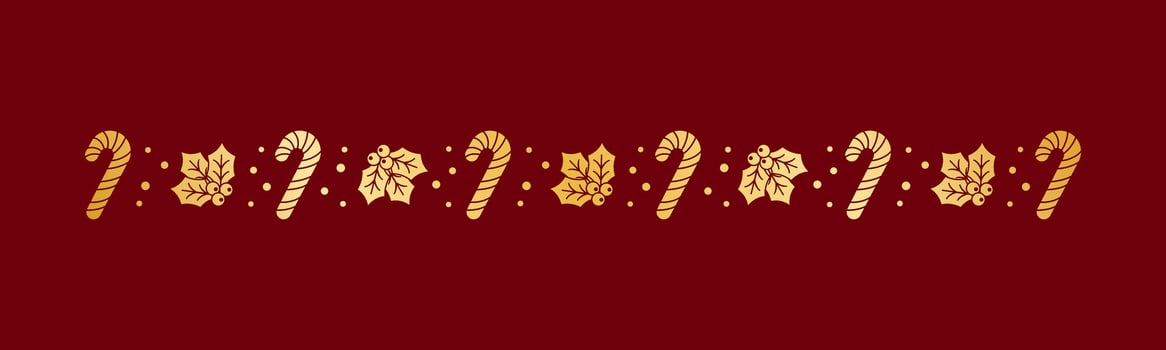 Gold Christmas themed decorative border and text divider, Mistletoe and Candy Cane Pattern Silhouette. Vector Illustration.