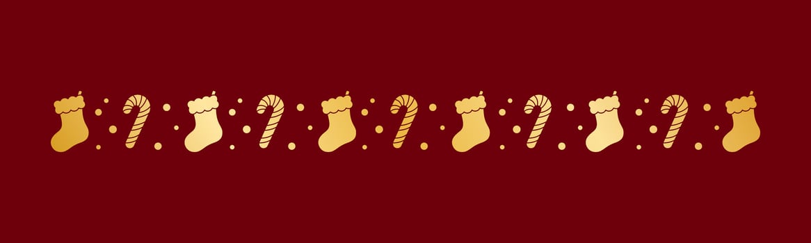 Gold Christmas themed decorative border and text divider, Christmas Stocking and Candy Cane Pattern Silhouette. Vector Illustration.