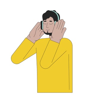 Headphones middle eastern guy bearded 2D linear cartoon character. Carefree arab man listening to music beats isolated line vector person white background. Music lover color flat spot illustration