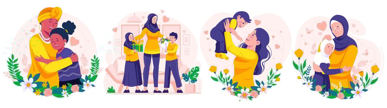 Illustration Set of Mother's Day.  Mother, Daughter, and Son. Mother Holding Baby In Arms. Mother hugging her daughter. Vector illustration