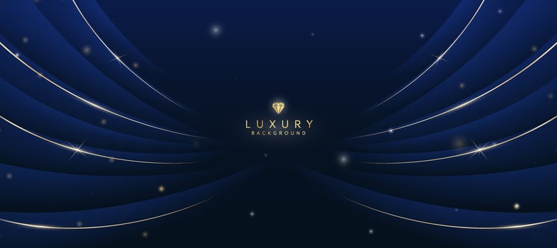 Dark blue luxury background with elements of golden curves and shiny lights. vector