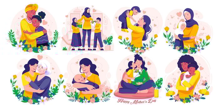 Illustration Set of Mother's Day.  Mother, Daughter, and Son. Mother Holding Baby In Arms. Mother hugging her daughter. Vector illustration