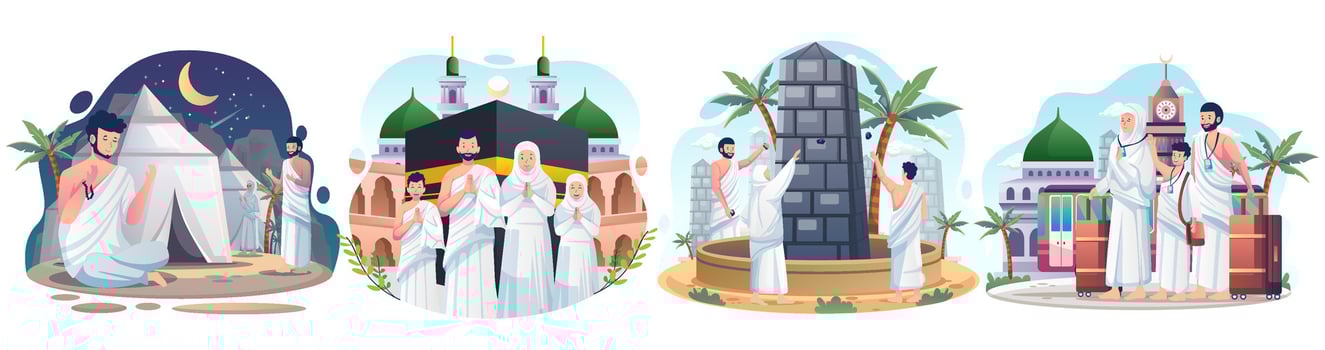 Set of Muslim couple is doing Islamic hajj pilgrimage. Flat style vector illustration