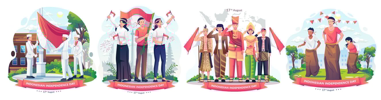 Set of People celebrate Indonesia's independence day on August 17th Illustration vector