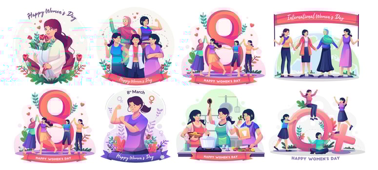 Set of International Women's Day concept with multinational diverse women celebrate women's day. women are cooking in the kitchen. Freedom, independence, equality. Flat style vector illustration