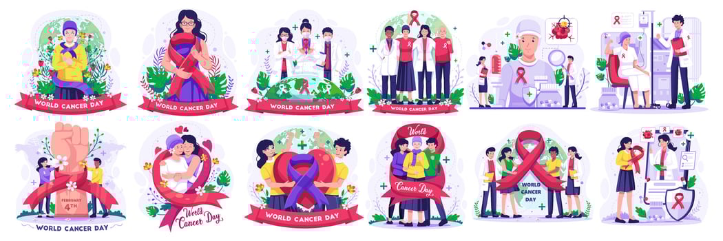 World Cancer Day Illustration Set with People, Doctors, nurses, and Cancer Patient celebrate world cancer day. Vector Illustration in Flat Style