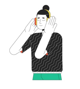 Chilling headphones asian man top knot 2D linear cartoon character. Korean guy listening to music beats isolated line vector person white background. Music lover color flat spot illustration