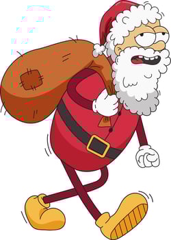 Tired Santa Claus with bag on his back. Retro cartoon character in the style of old school. Christmas character vector
