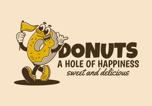 Donuts, a hole of happiness. Mascot character illustration of walking donuts holding a flag vector