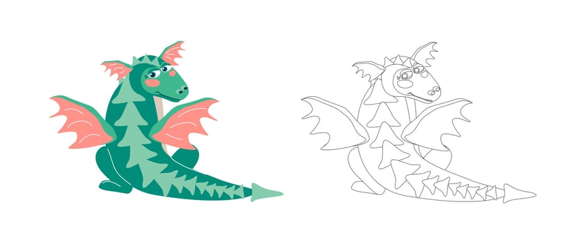 Coloring book winged dragon, symbol of 2024 according to the Chinese horoscope. Vector cartoon illustration for children's books, outline for coloring with an example in color