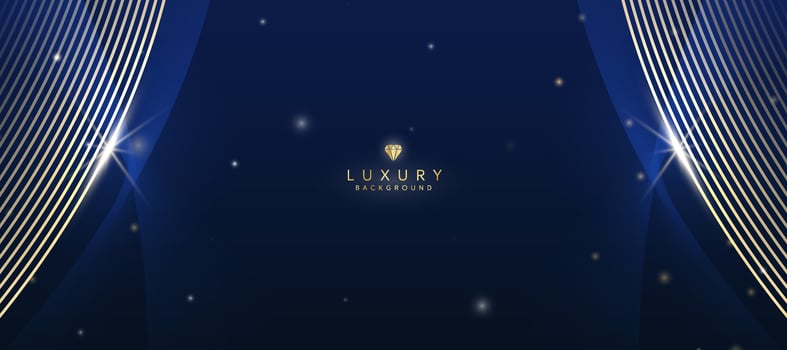 Dark blue luxury background with elements of golden curves and shiny lights. vector