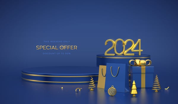 Happy New 2024 Year SALE banner. Scene and 3D round platforms on blue background. Golden metallic numbers 2024. Pedestal with gift box with gold bow and shopping bags, pine, cone spruce trees. Vector. vector