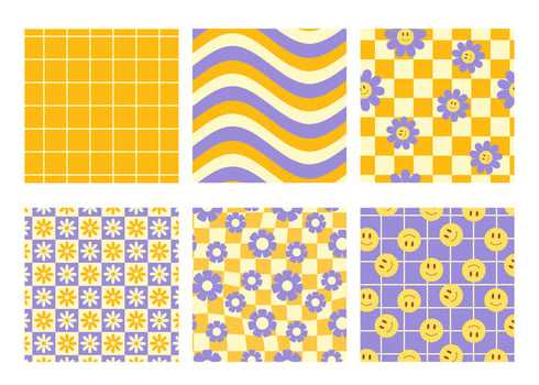 Groovy seamless patterns with funny happy daisy, wave, chess, mesh, smile vector