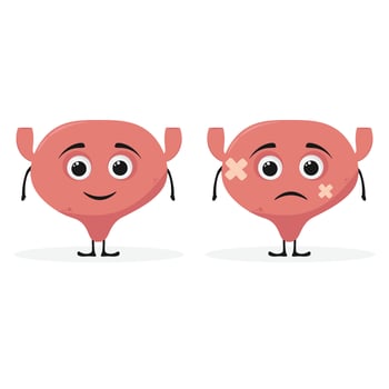 Cartoon unhealthy sick bladder human body organ character. Vector disease urinary system personage with sad face. Unhappy anatomical organ for urination, medicine and health care for kids