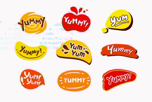Vector yummy, Speech bubbles hand drawn collection, icon, talking bubble stickers with fun style