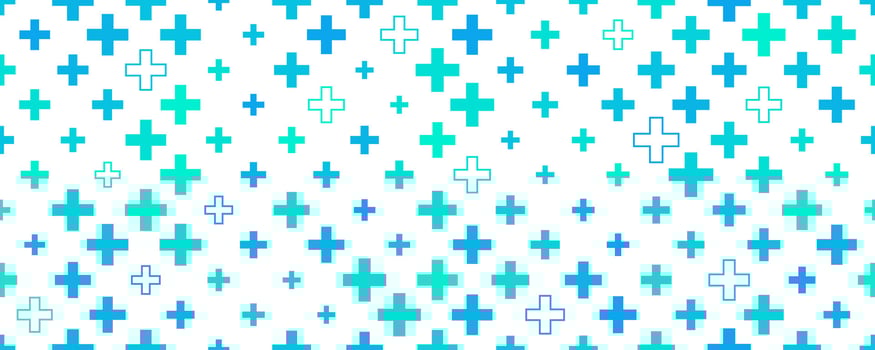 Medical cross and plus background. Abstract seamless blue and green pattern for hospital and pharmacy. Geometrical shapes ornament. Vector backdrop