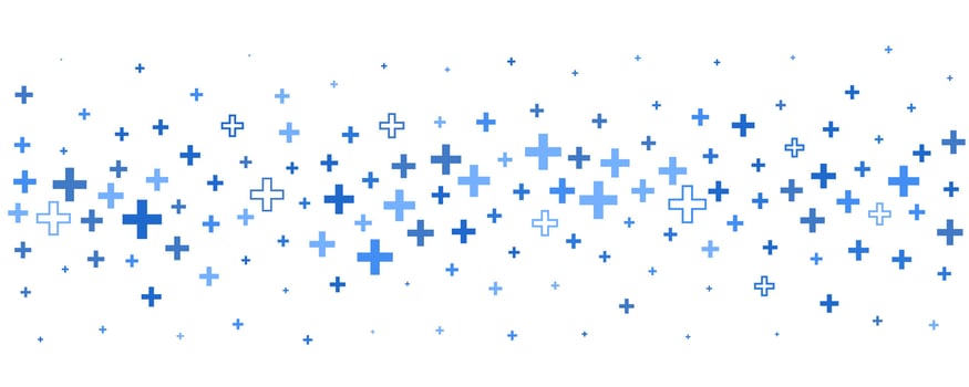 Medical cross and plus background. Abstract blue background for hospital and pharmacy. Geometrical shapes ornament on border. Vector backdrop