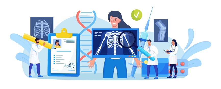Woman Standing behind X Ray Machine for Examination of Chest. X-ray Medical Diagnostics, Bones Skeleton Checkup. Radiology Body Scanner for Diagnosis Patient Disease. Roentgen of Chest Bone vector