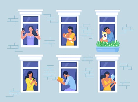 Outer wall of house with neighbors and dog at windows. Happy men and women look out of apartments reading, take photo, chatting with phone, hugging, holding child. Stay home, daily routine activity vector
