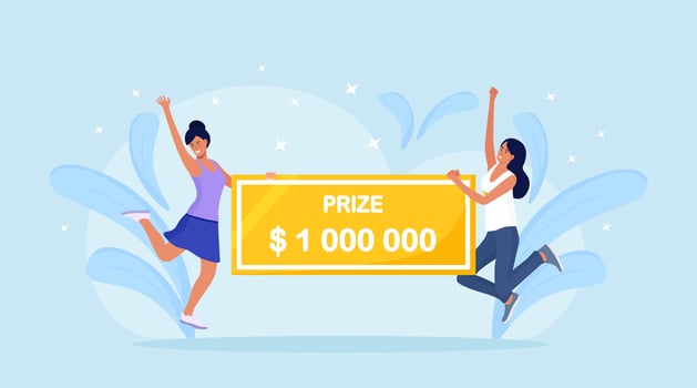 Happy women winning money prize. Winners holding bank check for one million dollars. Lucky girl win jackpot in lottery. Fortune, luck concept vector