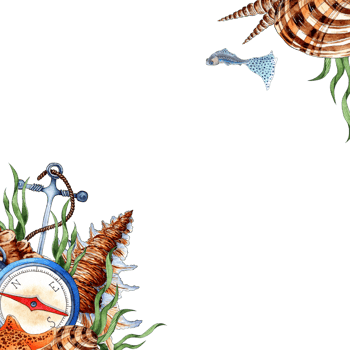 Watercolor illustration of a frame made of compass, seashells, coral, algae, starfish and fish. Composition for posters, postcards, banners, flyers, covers, posters and other printing products. png