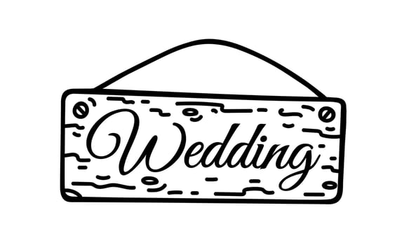 Wooden board hanging on rope, vector icon. Texture sign with wedding text. Banner for marriage, outdoor ceremony. Hand drawn black doodle isolated on white. Clipart for posters, print, web