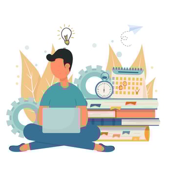 Young man, student sitting with laptop near books vector