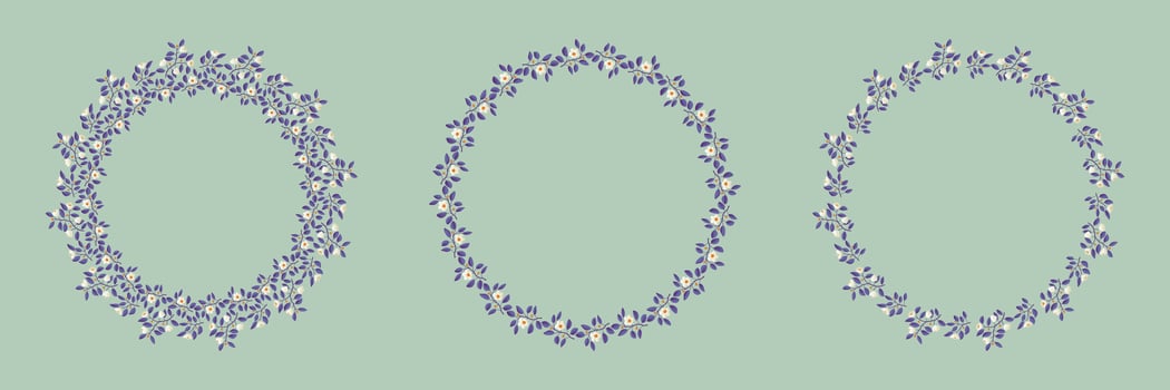 Set of floral isolated vector wreaths, branches with purple leaves and light cream flowers on pistachio background. Vector illustration, design for poster, banner, invitation, book, fabric, wrapping