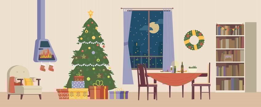 Living room interior with Christmas decorations flat vector illustration. Christmas eve with decorated Christmas tree with present boxes, fireplace with stockings and table served.