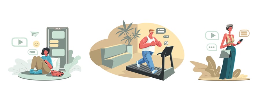People communicate online while sitting, doing sports, outside, using gadgets vector