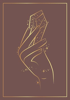 Magic hands with healing crystal golden poster. Alchemy symbol for branding or logo vector