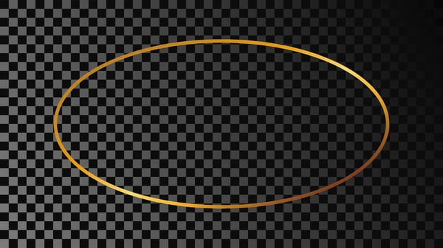 Gold glowing oval shape frame isolated on dark background. Shiny frame with glowing effects. Vector illustration.