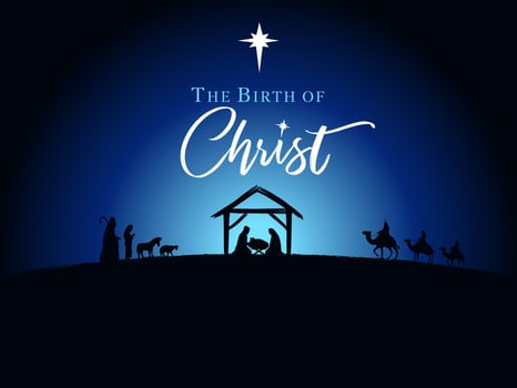 The Birth of Christ with shepherds and wise men. Nativity scene, silhouette of Jesus in manger vector