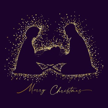 Christmas scene of baby Jesus in the manger with Mary and Joseph. Christian Nativity glittering card vector
