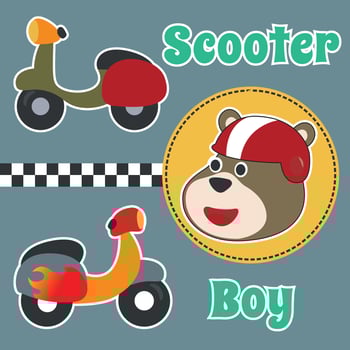 Cute bear and Scooter Cartoon Vector Icon Illustration. Can be used for t-shirt printing, children wear fashion designs, baby shower invitation cards and other decoration.
