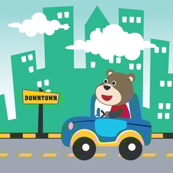 Vector cartoon of funny tiger driving car in the road with village landscape. Can be used for t-shirt printing, children wear fashion designs, baby shower invitation cards and other decoration.