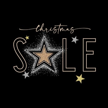 Christmas SALE banner with glittering stars. Golden and silver xmas star on black background. Design for New Year promotion vector