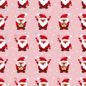 Cute Santa Claus with gift boxes on pink background with snowflakes. Vector seamless Christmas pattern