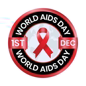 World AIDS Day Badge With Awareness Ribbon HIV AIDS Banner Design, Emblem, Rubber Stamp, T Shirt, Acquired Immune Deficiency Syndrome Or AIDS Is Observed On December 1 Worldwide Vector Illustration