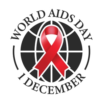World AIDS Day Badge With Awareness Ribbon HIV AIDS Banner Design, Emblem, Rubber Stamp, T Shirt, Acquired Immune Deficiency Syndrome Or AIDS Is Observed On December 1 Worldwide Vector Illustration