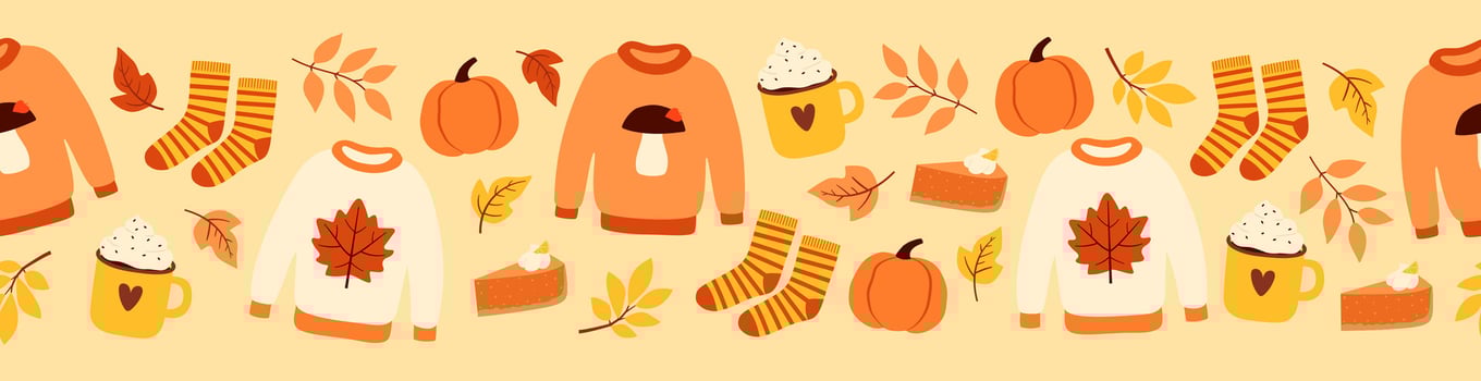 Seamless border with cute autumn elements. Colorful objects on beige background. Cartoon flat style vector