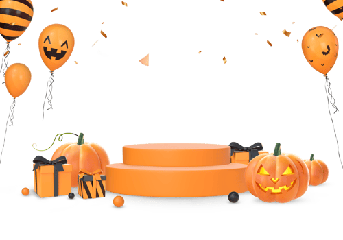 3D Rendering Halloween Podium Stage For Product Placement With Pumpkins, Gifts And Balloons png