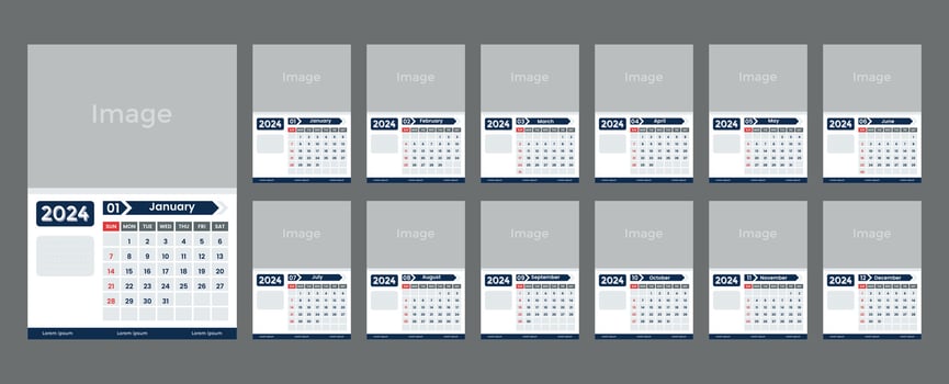 2024 wall calendar design in blue and white color, week starts on sunday vector