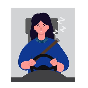 Sleepy female driver falling asleep while driving a car, sleep while driving illustration vector