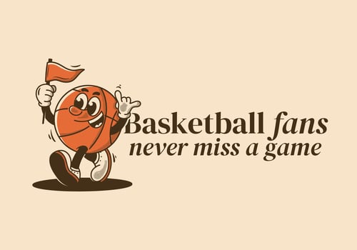 Basketball fans, never miss a game. Mascot character illustration of basketball ball holding a triangle flag vector
