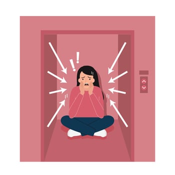 Young woman sufering of claustrophobia attack  in elevator. vector illustration