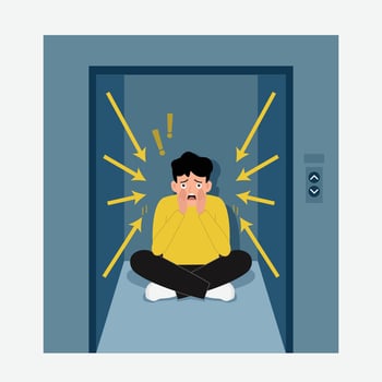 Young man sufering of claustrophobia attack  in elevator. vector illustration