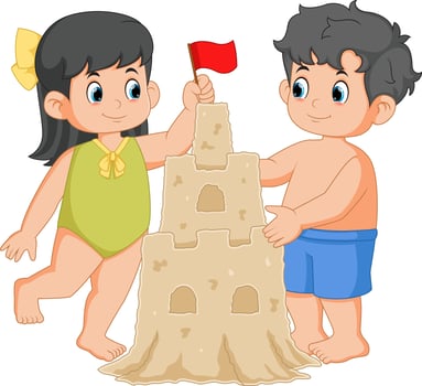 Children making sand castle at tropical beach vector