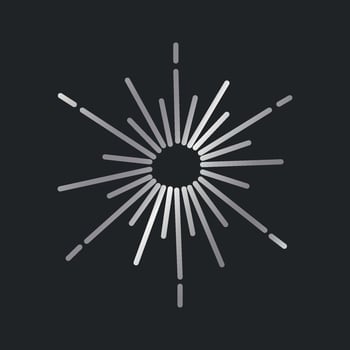 Decorative gradient element in vintage style. Retro metallic sun isolated on dark background, flare. vector